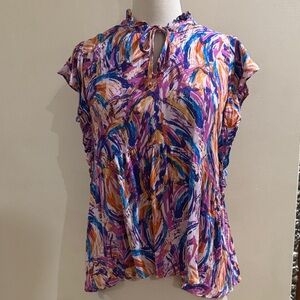 Brushstroke Keyhole Flutter Sleeve Blouse in Purple & Orange